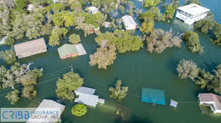 Aerial view of house in flood-prone area