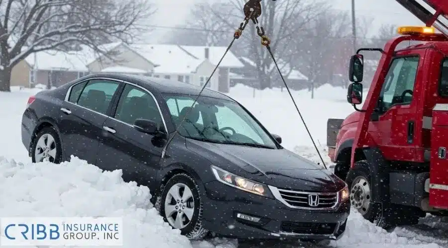 Roadside assistance winching a stranded car from snow